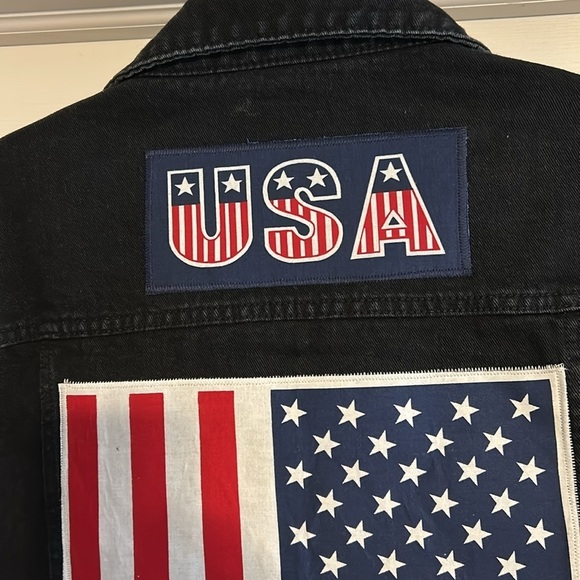 Denim jacket. Repurposed, upcycled,Black, USA, embellished, repurposed. Size XL - Picture 1 of 14